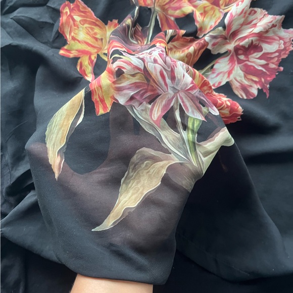 #36 🌺 5/$30 🌺 Mango sheer sleeveless black tunic / mini dress orange red flower - Picture 3 of 5